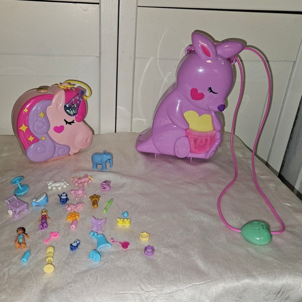 Polly Pocket Jumpin Style Pony Unicorn & Kangaroo Mama Joey Purse Compact Lot‎